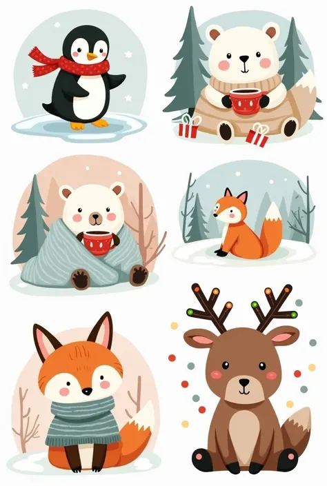 
A group sticker of
A penguin sliding on ice wearing a tiny red scarf.

A polar bear holding a mug of hot chocolate, wrapped in a blanket.

A fox sitting in a snowy forest with a knitted sweater on.

A reindeer wearing festive fairy lights as antler decora...