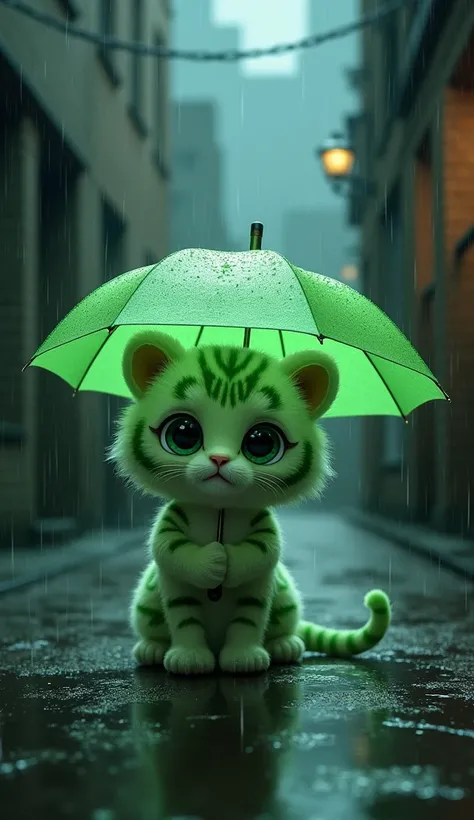  imaginary　rain　night　Building district　Back Alley　Light Green Umbrella 　 cute　Fluffy　Light green baby tiger