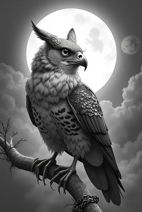 corbeau soit reliée par une chainette avec montre a gousset, la pleine lune le corbeau versé une larme. Des runes, des plumes, la montre a gousset en chiffre romain 22h00 mais le cadran est brisé et dessous la phrase In saecula saeculorum. dessin noir et b...