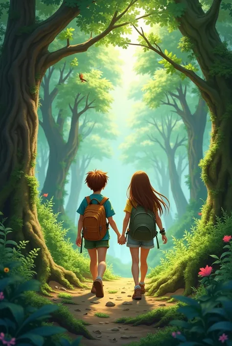 two friends wandering in a forest 