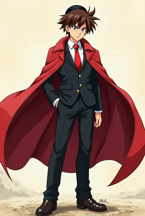 A young brown-haired Jewish Saiyan without a beard wearing an all-black suit with a black dress shirt with a red tie and a red cape and a black kippah drawn in the features of Dragon Ball by Akira Toryama