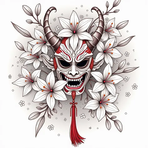 Lineart, A lot of lilys, floral, sparkles, oriental mask of demon, oni mask, hannya mask, red tessel, snake