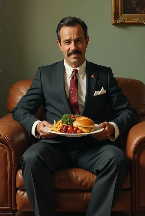   a busy man in a suit sitting on a couch with a plate of food,  is a portrait of a character inspired by Cándido López  , Featured on reddit , magical realism, Christian Orrillo, James Zapata, Portrait of Danny Gonzalez,  Terence Nielsen , Manuel Sanjulia...