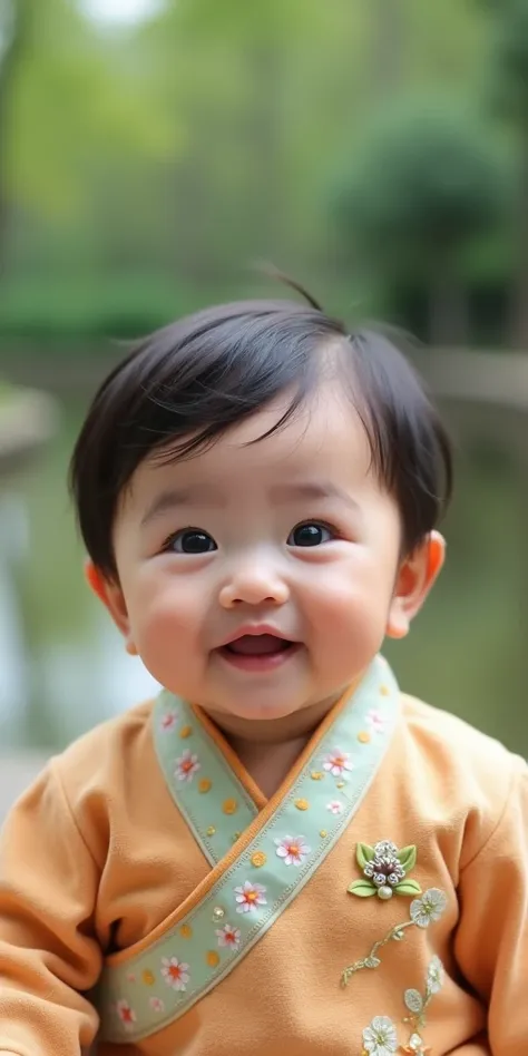 a nice asian cute little baby, dressed with wonderful clothes, in the park, photo from above, face clearly visible, middle length hair