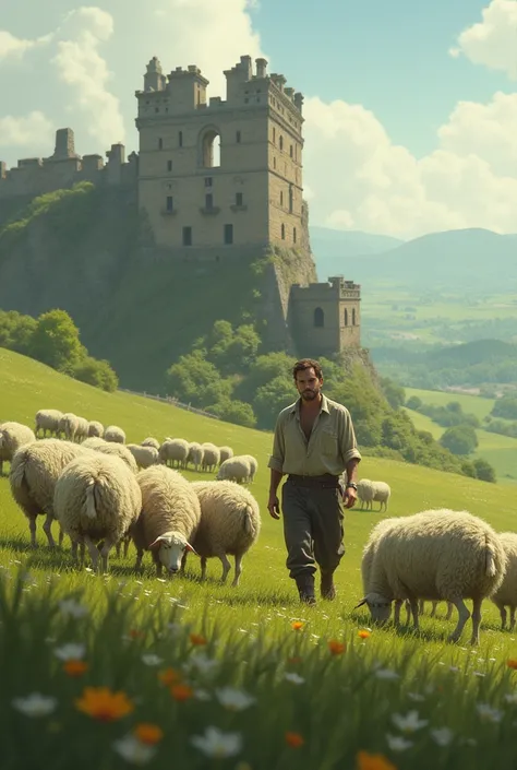 Create a man walking in grass land with 12 sheeps and there is ruined castle there