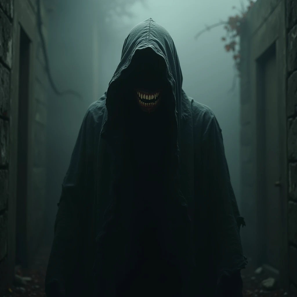 scary, creepy, horrifying smile, darkness, silence, gore, black face, deaths robes, foggy.