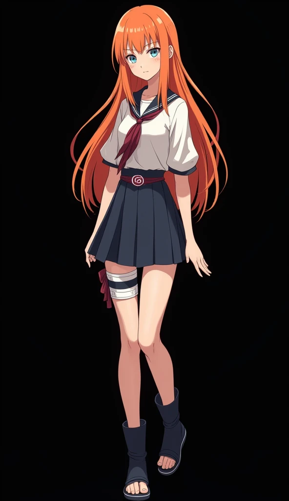 Female anime character with the style inspired by Naruto Narutos animation, a girl with a slender and beautiful appearance, full body, hip-length hair, red, fire-colored orange, and very smooth, with two white locks highlighted on the front, similar to tho...