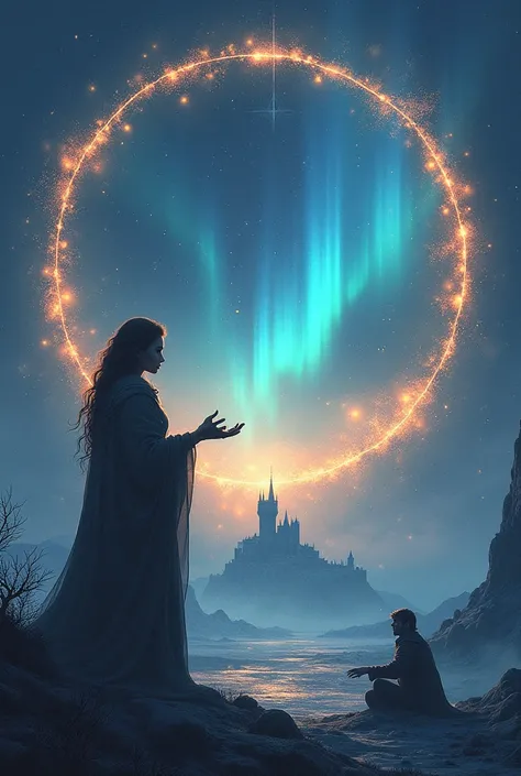 circular background with cosmic style, aurora with simmering spark from the stars round the circular. a female standing to you, lending hands. in silhouette, you a man sitting in his chaotic solitude with winter sky above, bleak dark theme around looking t...