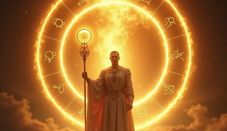 Perspective: A commanding figure standing within a glowing ring of golden energy, surrounded by floating zodiac symbols.
Subject: A person holding a radiant staff adorned with astrological glyphs, their expression reflecting confidence and mastery.
Medium:...