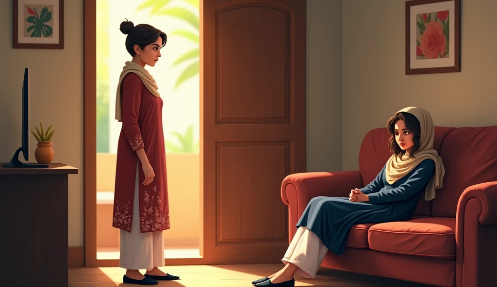 A cozy living room with warm lighting. Nila’s mother, a caring 45-year-old Bangladeshi woman with an average build, warm wheatish skin tone, dark brown hair with gray streaks tied in a neat bun, and round dark brown eyes, wears a light maroon cotton kameez...