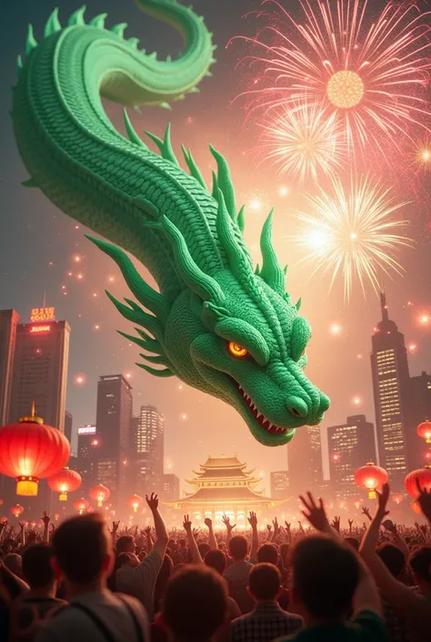 As the transition to 2025 unfolds, fireworks burst above the city, and a green snake with a jade pattern gradually appears against the backdrop of Beijing’s majestic metropolis, welcomed by lantern light and the crowd’s joyful cheers.