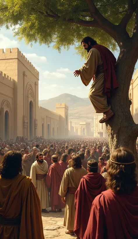 It shows Zacchaeus ,  a short man of height ,  with darker skin ,  trimmed beard and simple Jewish clothing ,  climbing a large sycamore tree . below,  a large crowd gathers on a dusty street to watch Jesus pass by.  The stage reflects the architecture and...