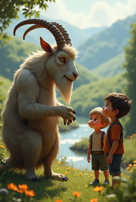 A goat explaining to two boys 