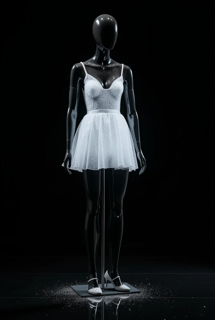  On the black glass floor and black background . Shiny black mannequin .  Make a dress bathed in white glowing liquid glitter.  Silver high-heeled sandal .  White gold-plated thin stocking. Tomara que caia 