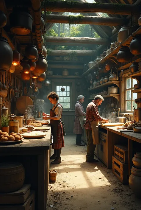  A rustic kitchen ,  made of aged wood covered by moss ,  hidden in the middle of a dense forest .  The place looks like a large cabin ,  with a wood stove In the center and kitchen utensils hanging everywhere .  There are iron pots ,  copper pans ,  sharp...