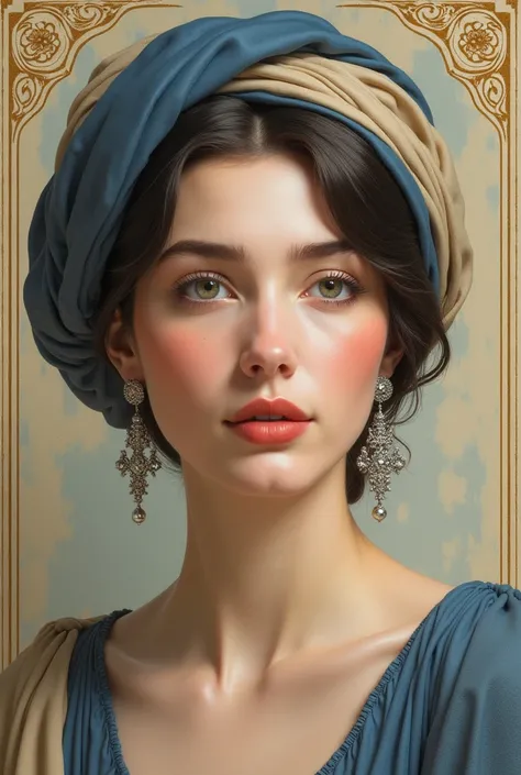 A woman of classical beauty, with fair skin tone and smooth texture. Her cheeks have a slight rosy hue, giving her an air of delicacy and naturalness. She wears a stylized turban in shades of deep blue and light beige, carefully wrapped in layers that fram...