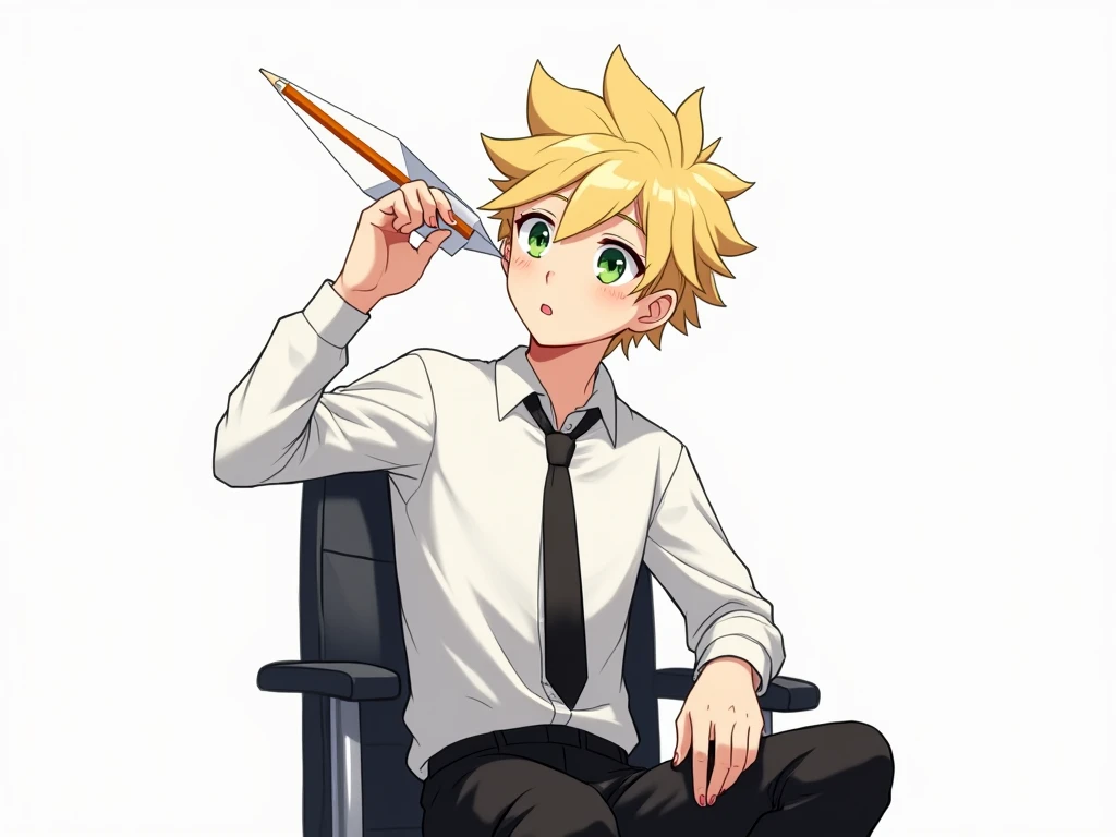 anime man,  green eyes ,  ulybka,  beautiful , High,  the white shirt ,  black pants , black tie,  stylish hairstyle , blond, hair like a hedgehog,   pencil with his lips on a white background, plays with a paper airplane and sits on an office chair 