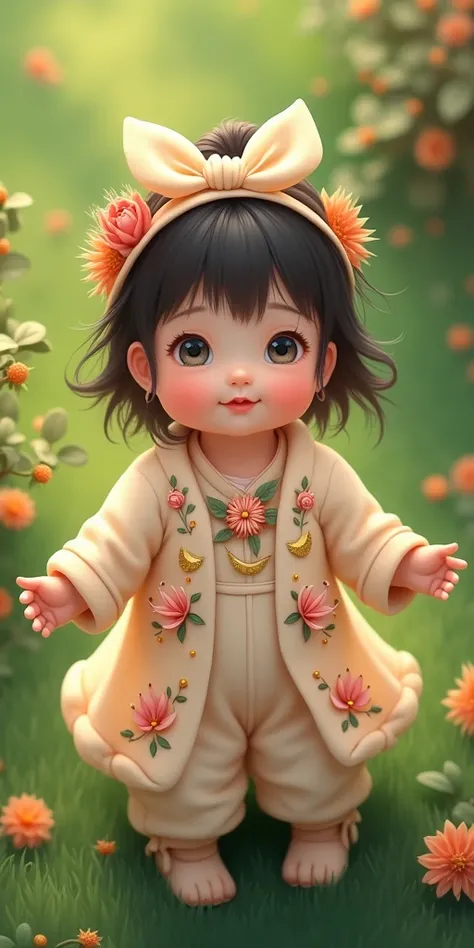 a nice asian cute little female baby, dressed with wonderful clothes, in the park, photo from above, face clearly visible, middle length hair