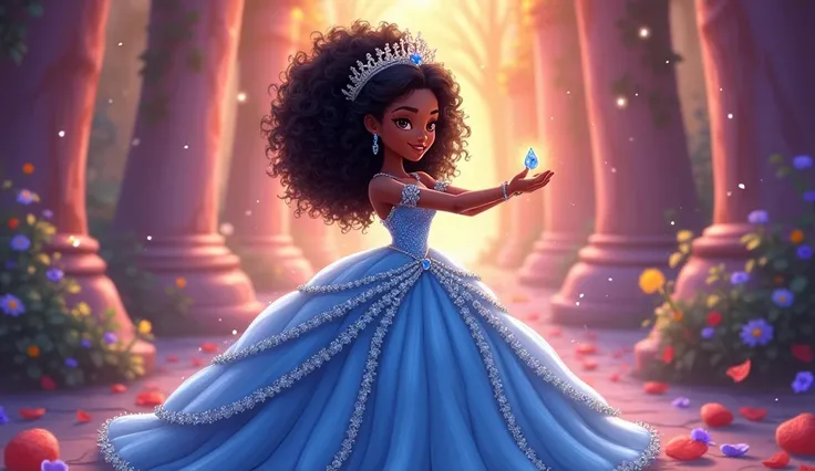 A princess dressed in blue heart you with sapphire stones black skin curly hair cartoon style 