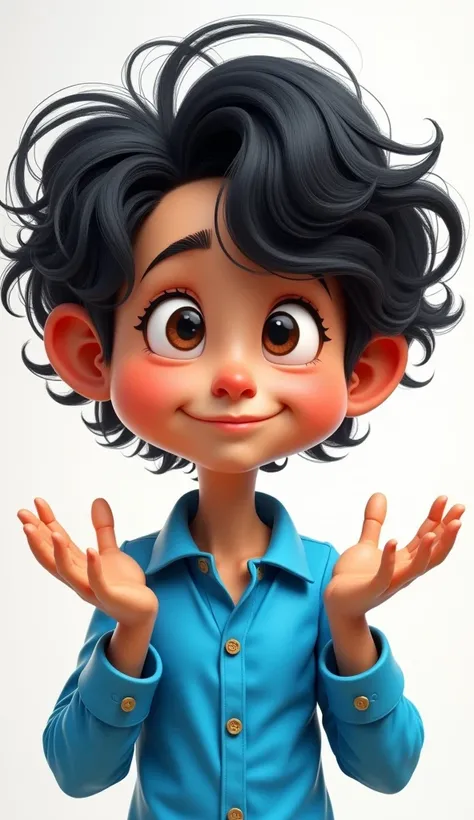 The image features a cartoon caricature of a person with black, wavy hair that covers the forehead and ears. The character is wearing a blue shirt with buttons and has their hands raised in a shrugging gesture. 18 K. Focus, detil. 