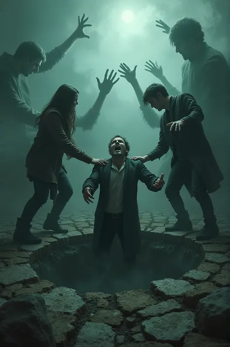 The friends trapped: One of the friends being pulled into the ground by shadowy hands, while the others desperately try to save him.