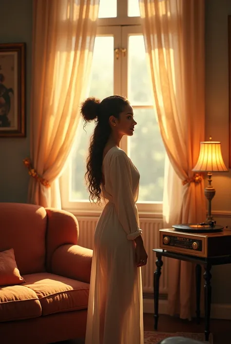 A cozy, well-lit room with a vintage aesthetic. The room has a warm and cozy feel with soft, golden lighting. Main theme: A beautiful Latina woman with brown hair, brown eyes and afro braids. He is standing, rear profile, looking out the window. He has a s...