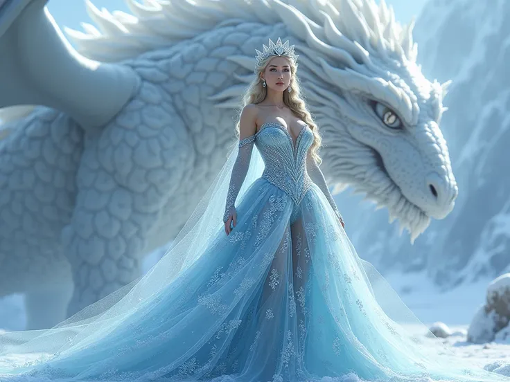 icequeen with long blonde braided hair and big boobs; sparkling long evening dress with plunging neckline and sparkling tiara. With a large white dragon in the background.