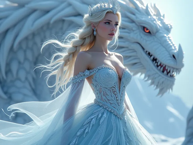 icequeen with long blonde braided hair and big boobs; sparkling long evening dress with plunging neckline and sparkling tiara. With a large white dragon in the background.