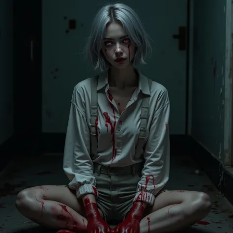 Portrait of a young woman with short gray hair and pink eyes sitting on the floor,  covered in blood wearing the clothes of an insane asylum hidden in the corner of the room, night without moon, total darkness, dark place in the middle of the night , blood...