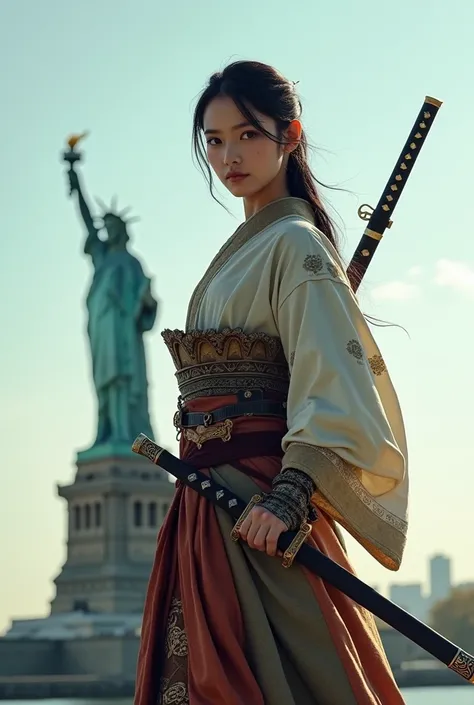  A woman dressed as a samurai、Age 19、Beauty、Shinsengumi、 holding a Japanese sword、new york、In front of the Statue of Liberty