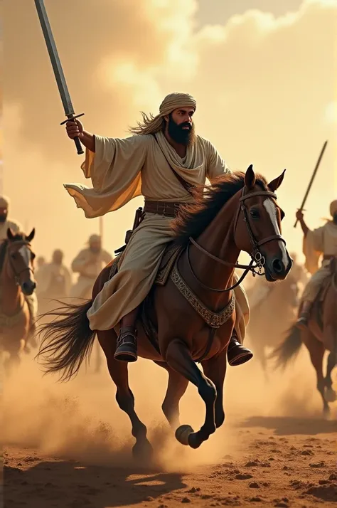 “A heroic depiction of Khalid bin Walid riding a galloping horse, heading into battle. He is wearing a traditional turban (pagri) on his head and holding a large, curved knife in his hand, exuding courage and leadership. The background is a dramatic battle...