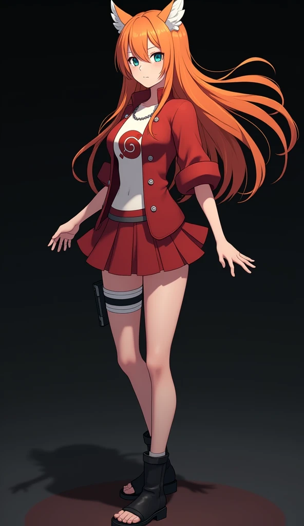 Female anime character with the style inspired by the Naruto anime, a girl with a slender and beautiful appearance, light-skinned, full-bodied, hip-length hair, fiery orange, and very smooth, with two white locks highlighted on the front, similar to those ...