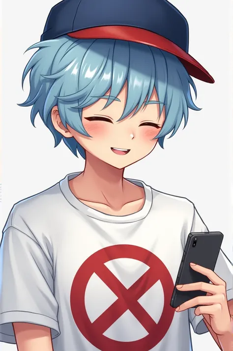  Adult boy with light blue hair and wearing a blue and red cap,  phone with a prohibition symbol on his white shirt, smiling and looking at his phone  