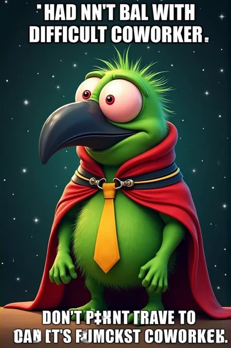 The image is a meme featuring a green monster with a big pink eye and a black beak. The monster is wearing a red cape with black and white stripes and a yellow tie. The background is black with small white dots scattered throughout. The text on the image r...