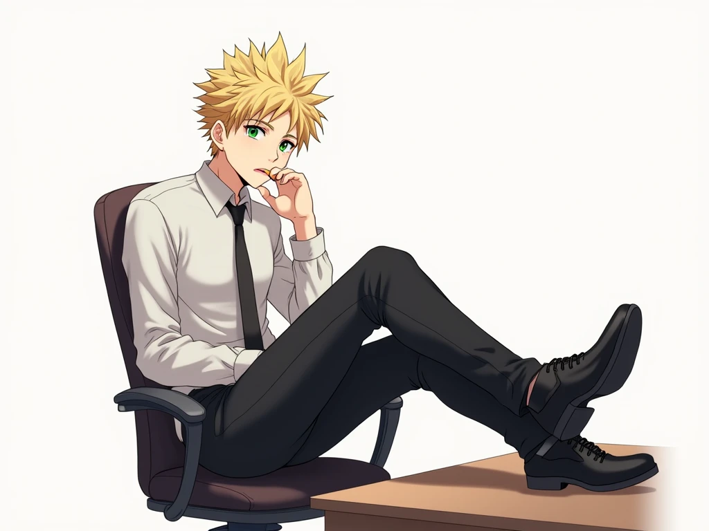 anime man,  green eyes ,  ulybka,  beautiful , High,  the white shirt ,  black pants , black tie,  stylish hairstyle , blond, hair like a hedgehog,   pencil with his lips on a white background,  is not sitting on the office chair correctly,  threw his legs...