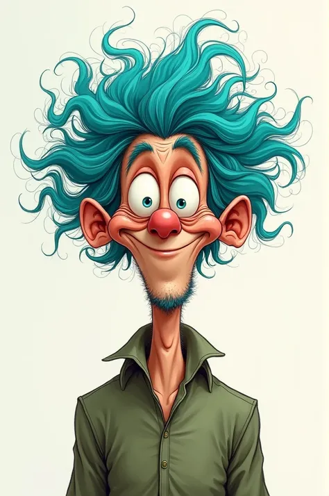 Sketch Cartoon of a crazy man with curly cyan hair 