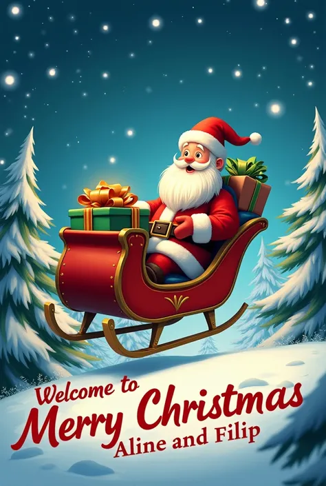  Create a high resolution printable ,  Christmas image with playful Santa Claus with sleigh measuring 70 centimeters by 100 centimeters vertically, with the following sentence: Welcome to Brazil, Merry Christmas Aline and Filip, Make the sentence bold with...