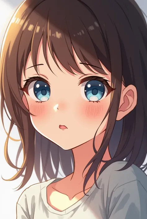 anime girl with blue eyes brown hair and white skin. And necessarily freckles that are visible all over the face  