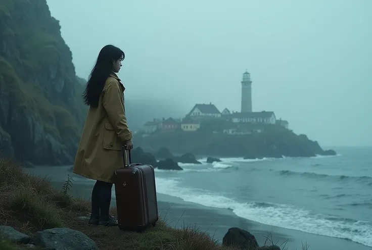 A young woman, Elena, standing at the edge of a misty coastal village. She has long, dark hair and is dressed in a raincoat, holding a suitcase. The village is nestled between jagged cliffs, and the lighthouse is visible in the background, towering over th...