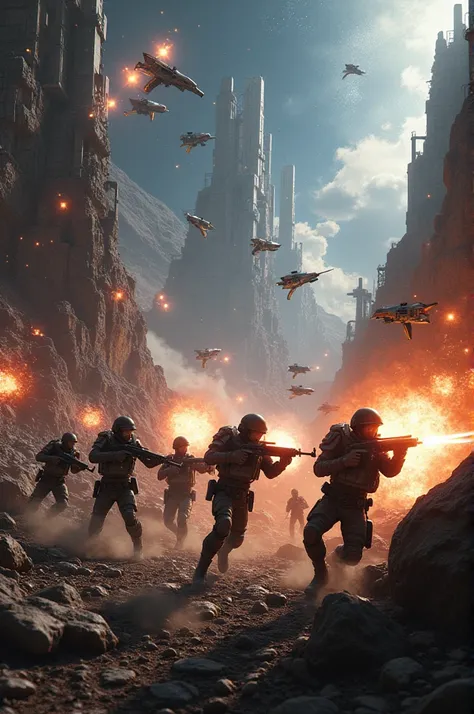 A group of soldiers fighting against a group of space terrorists in a space colony of mining