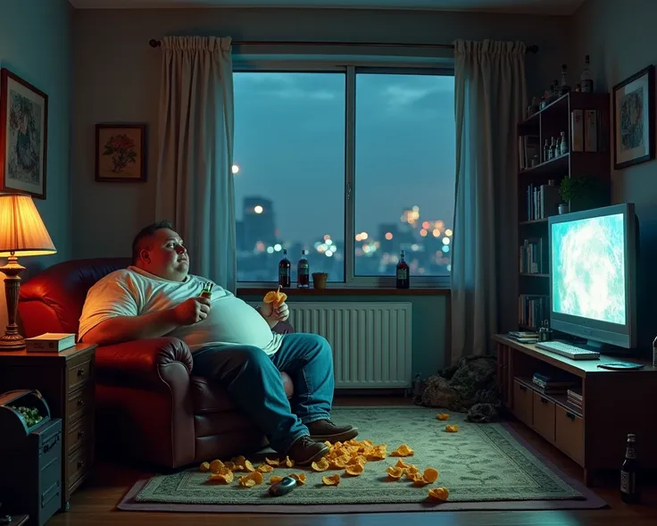 obese man, Untidy and disheveled ,  is in the living room of his house which is large eating chips and watching TV a window shows that it is nighttime ,  there are bottles of beer and soda lying on the floor and garbage of food lying on a shelf there are s...