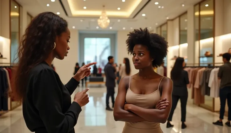 "A young Black woman in her early 20s, wearing a stylish yet simple outfit, stands in the center of a luxury boutique, visibly distressed. Her hair is natural, styled in a neat, curly bob, and she holds her arms tightly across her chest as a white employee...