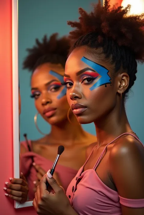 A vibrant and symbolic photograph-style image celebrating makeup as a tool of self-expression and empowerment. The scene features a woman standing confidently in front of a mirror, her face painted with bold, colorful designs that defy traditional beauty s...