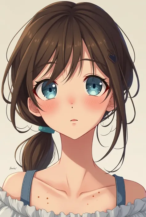 anime girl with blue eyes brown hair and white skin. And necessarily freckles that are visible all over the face. Add brown dots of different sizes on the face and you have freckles 