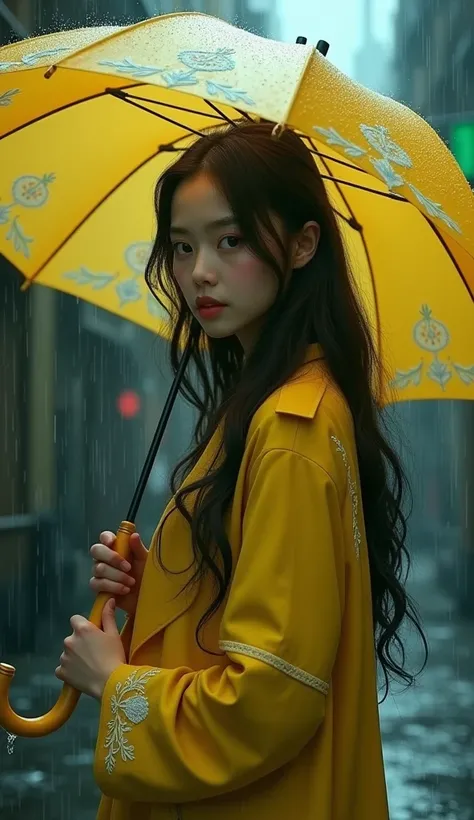  imaginary　rain　night　Building district　Back Alley　yellow-green umbrella 　 yellow-green coat 　White embroidery　 cute　A girl about 18 years old 　Yellow-green long hair　 is facing here