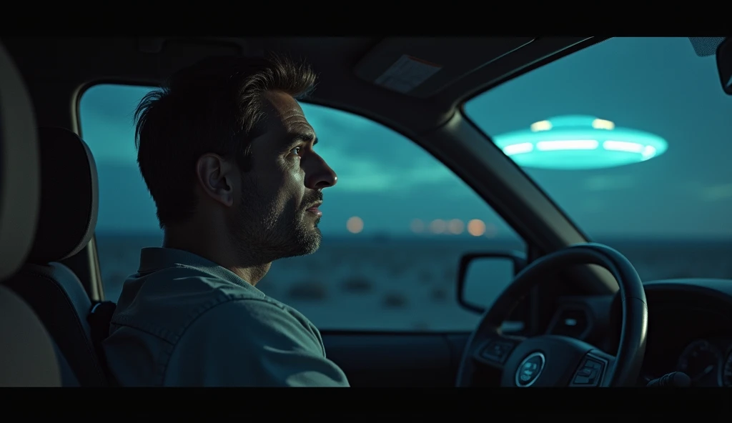 The man sitting in his car, trembling, staring at a strange ufo in the distant dark, starry sky . 

