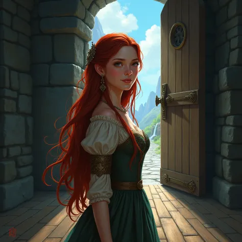 dark fantasy, rich illustration , Big, dark stone room , wooden floor, A Door to Another World, the wooden door of the lock opens ,  a young woman with long red hair looks out of the door, focus on the face , long historical dress,  behind the womans shoul...