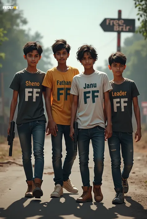 Four smart real boys of , Waking in a road,Gun in a hand. In the background, a boy has Free Fire written on a post. The boy is wearing a white T-shirt and black pants.The names SHENO FF,  PATHAN FF, JANU FF and LEADER FF are written on the biy T- shirt.