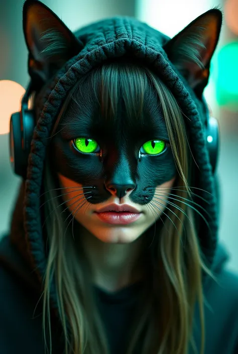 (Full-body fusion of a woman and a cat)
bright green eyes . Shes wearing cyberpunk-style clothing on her head , only the eyes visible. features detailed eyes and parts of a face wrapped in an engaging pose full body close up
Using Masterpiece headphones