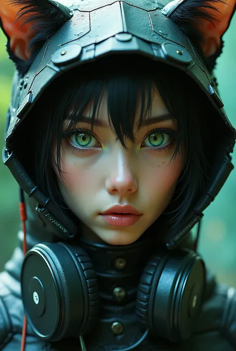 (Full-body fusion of a woman and a cat)
bright green eyes . Shes wearing cyberpunk-style clothing on her head , only the eyes visible. features detailed eyes and parts of a face wrapped in an engaging pose full body close up
Using Masterpiece headphones